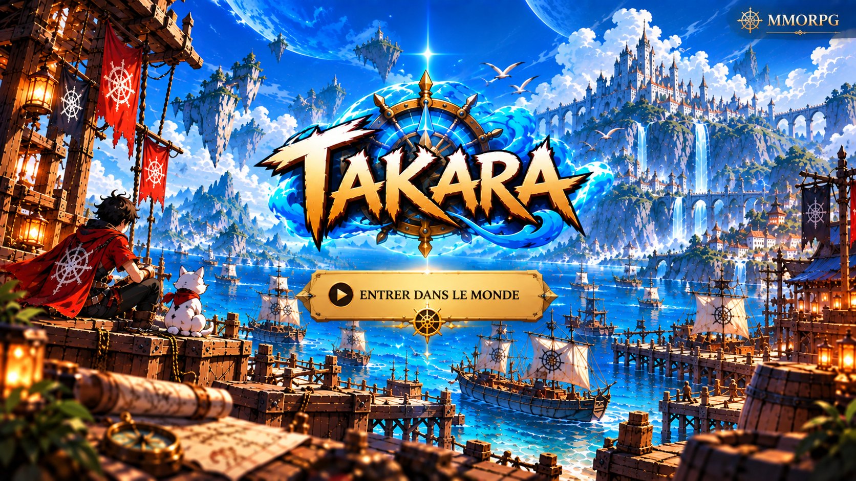 TAKARA — écran titre : un jeune pirate et son chien regardent le port, le logo TAKARA et le bouton Entrer dans le monde